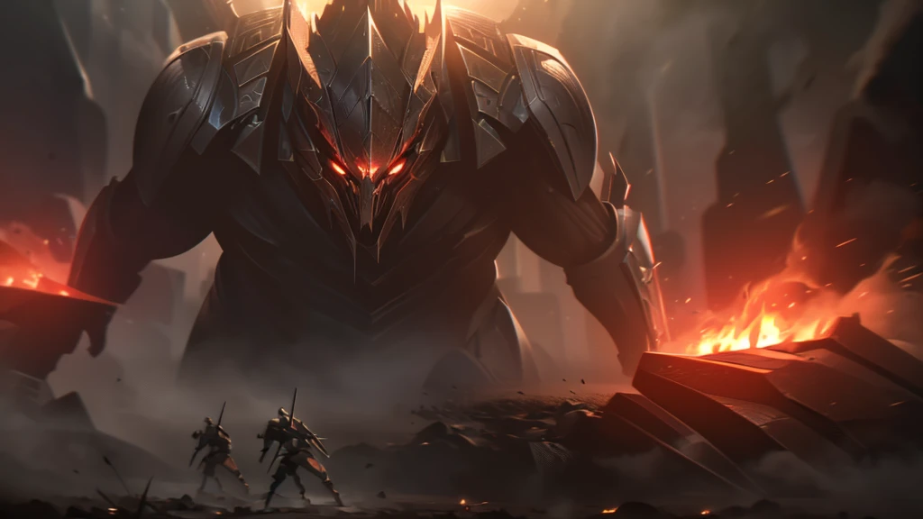 cinematic epic battle scene, massive dark monsters emerging, heroic warriors fighting in intense RPG action, 4k quality, cinematic flame trailer, dramatic lighting, highly detailed, photorealistic, masterpiece