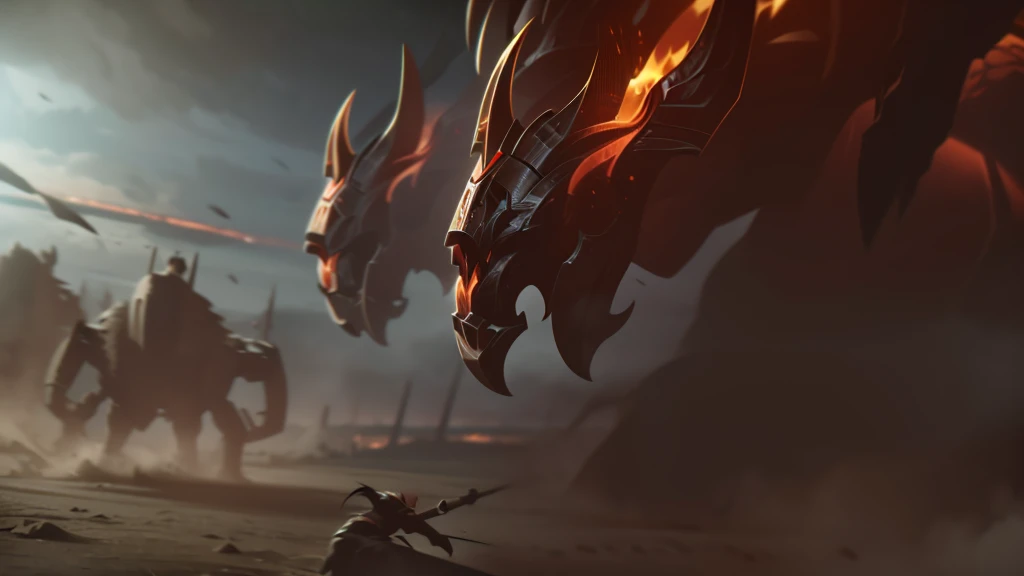 cinematic epic battle scene, massive dark monsters emerging, heroic warriors fighting in intense RPG action, 4k quality, cinematic flame trailer, dramatic lighting, highly detailed, photorealistic, masterpiece