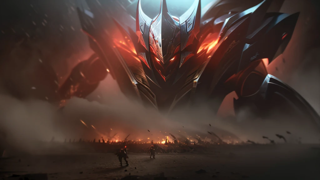 cinematic epic battle scene, massive dark monsters emerging, heroic warriors fighting in intense RPG action, 4k quality, cinematic flame trailer, dramatic lighting, highly detailed, photorealistic, masterpiece