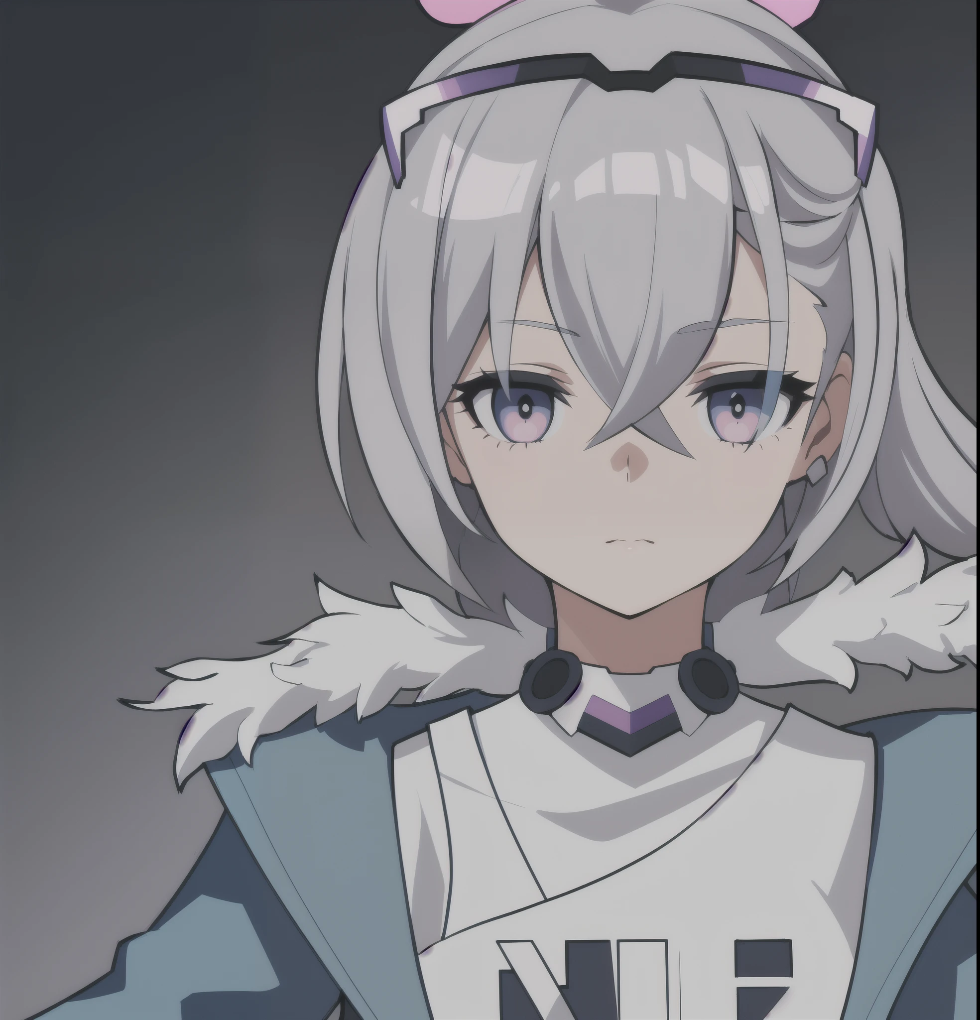 anime girl, grey hair, black eyes, bubblegum, blue and pink clothes, silver wolf, white shirt, 1girl, masterpiece, (beautiful and aesthetic:1. 5), thick black lineart, clean lineart, perfect lineart, variable lineart, clean anime outlines, intense line art, bold lineart, sharp lineart, best quality, high quality, best quality, ultra-detailed, colourful, saturated colours, dynamic lighting, HD,