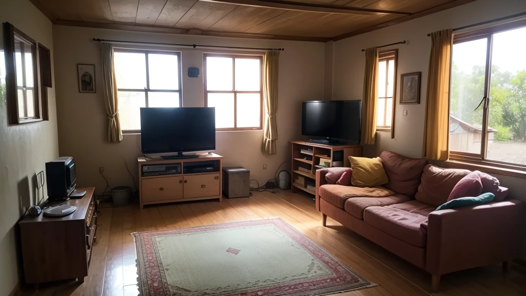 inside a warm and non-modern house with old tv and old sofas, all the stuffs are old but clean, it's day time and a god ray is coming inside the house through window.