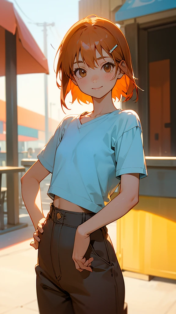 1 girl、Cowboy Shot、Simple T-shirt、Light Blue Medium Hair、Beautiful brown eyes、Orange Hair Clip、Flat Chest、smile、Please put your hands on your hips、Shortorning Cafe Terrace、Background blur, Written boundary depth