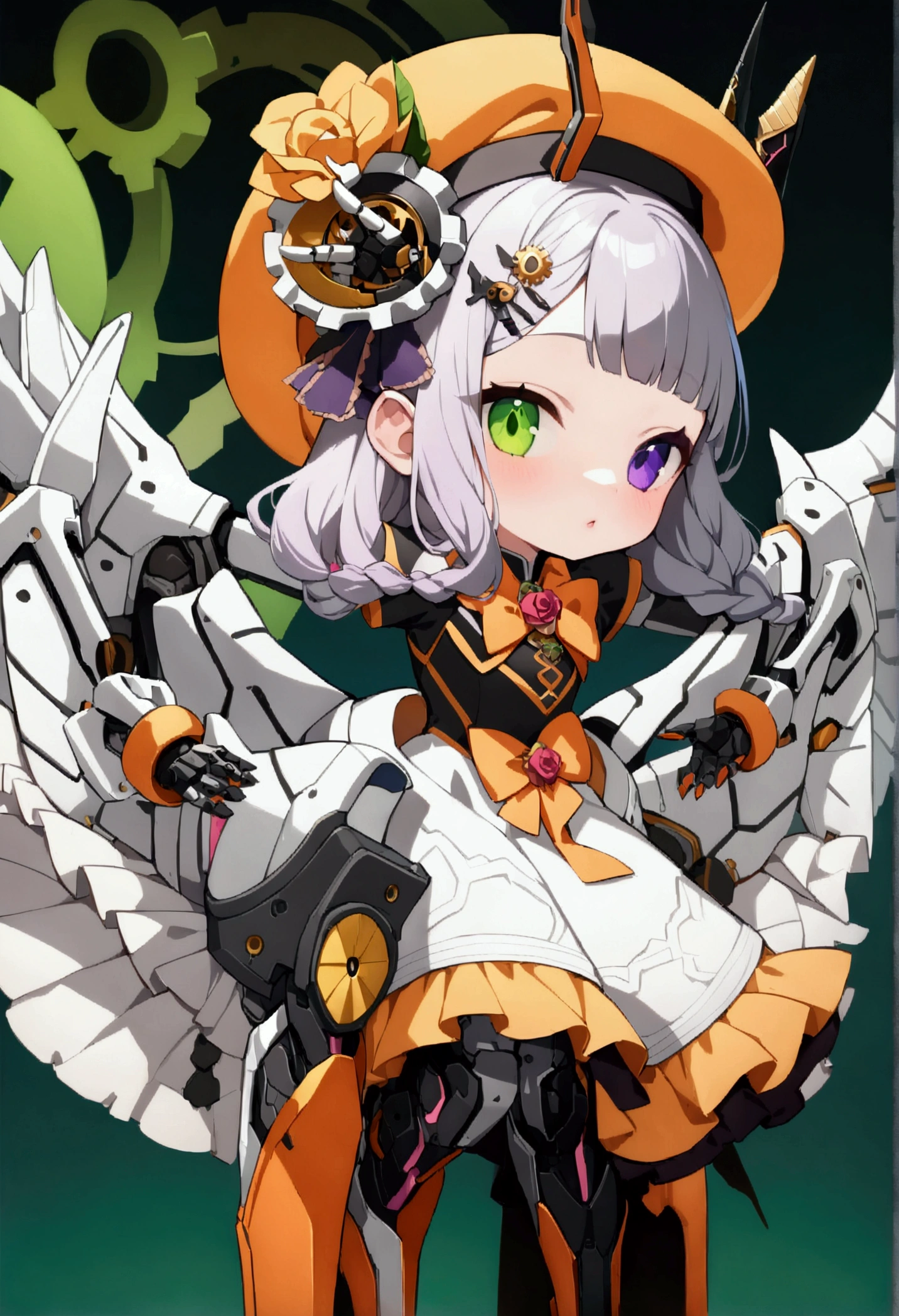 woman 160 cm tall, slim build, , charming look, ((heterocromia: look like, derecho naranja y look like izquierdo violeta)), (Shoulder Length Wavy Gray Hair, a short braid on the left side of the hair, big open bangs, golden gear hairpin in hair), (((complex mechanical legs up to the hip, The legs are black with gray parts with small pink details))), (((complex mechanical arms up to the elbows, The arms are black with gray parts with small pink details))), (complex mechanical angel wings of white color with dark gray parts, small gears on the wings), (elegant black French beret with an orange rose ribbon), (elegant thigh-length one-piece dress, short bell skirt, short sleeves, elegant black hip belt with orange parts, small rose brooch in the middle of the chest, beautiful mechanical stiletto heels, blue and black ribbon decorations on the dress, small gears on the skirt of the dress), (((character design sheet: Front view))), (((Whole body))), extremely detailed beautiful hair, beautiful detailed dress, extremely detailed arms, extremely detailed face, (Extremely detailed hands), perfect hands, small face, hermosos look likes detallados, beautiful detailed lips, adorable, extremely detailed legs, (Best Quality, 8k, Ultra resolution), ultra detailed, Exquisite and epic character art, ((Pastel green background)), (Focus on symmetry), (extremely detailed wings).