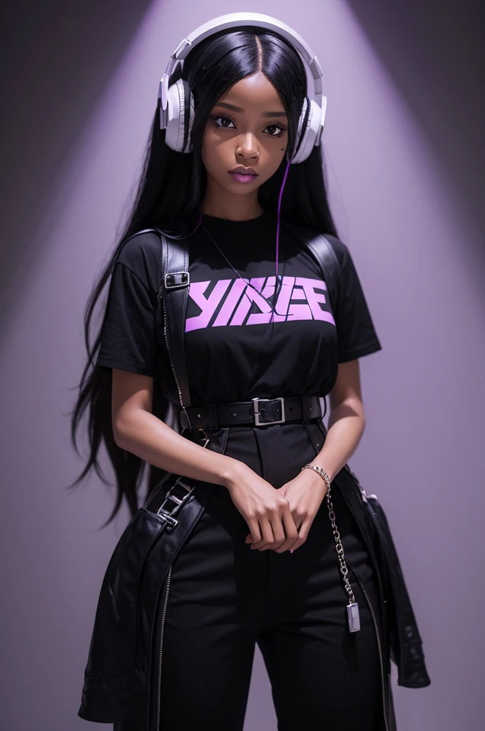 charachter: A black woman with straight, long hair.
badass clothing: She is wearing a black outfit, which can be a dress or a t-shirt and pants.
Accessories: She is wearing a white headset.
fund: The background is light purple, maybe with some soft details to give depth.
styled: Colorful manga Aesthetics: gothic 