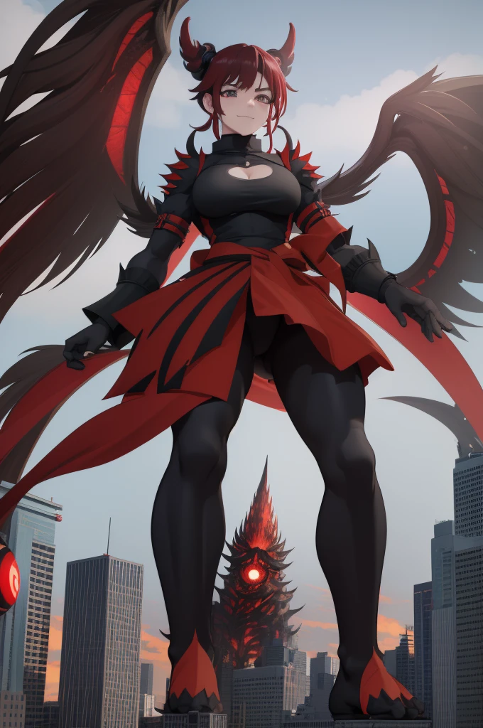 kenjaku,jjk sorcerer, GtsGiga, Gtscity, Rampage,evil,uncaring,pissed off, red aura,hands held towards the sky ,psychotic smile,ready to crash out,Red Engery Ball,cityscape,muscular,black trenhcoat,Looming,twintails, domain expansion ,mature lady,big bosom