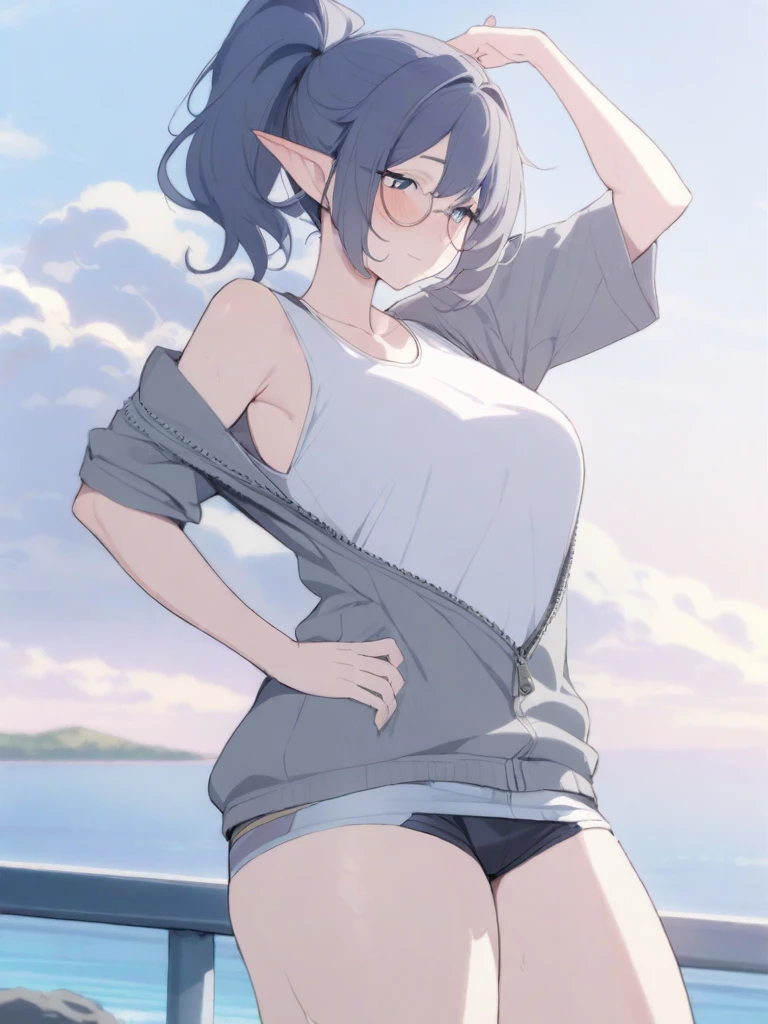 masterpiece, best quality, high quality, beautiful anime character, solo, anime girl with dark blue hair, messy hair, medium length hair, huge long ponytail, ponytail, blue eyes, elf ears, slightly big breasts, mature female, tall female, big girl, thick, (calming face, blush, light smile, loving eyes), outdoors, (white tank top, unzipped grey jacket, hotpants), standing, slim thick, short medium hair, short sleeves, round glasses, legs,