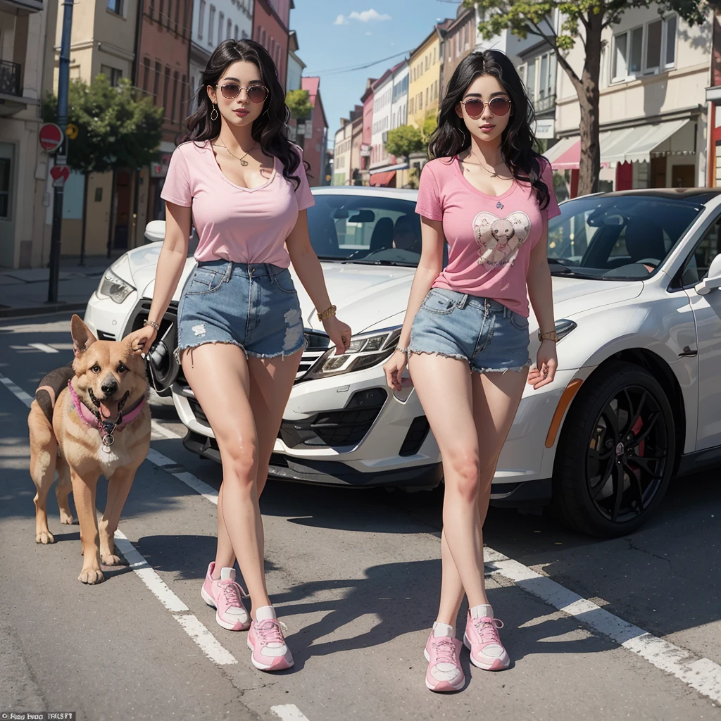 (masterpiece:1.2, highest quality), realistic, (real picture, intricate details, full body, a sensual and attractive Asian woman of 20 years old, round and oval face, high cheekbones, with pale skin, tall (she is about 5 feet 6 inches), with a body with large breasts, long straight black hair with wavy tips, She has sunglasses and wears a pink shirt with a dog design, she has sexy shorts and white tennis shoes and she takes her dog for a walk German Shepherd, the woman in the shirt as a catwalk model on the street in a field
