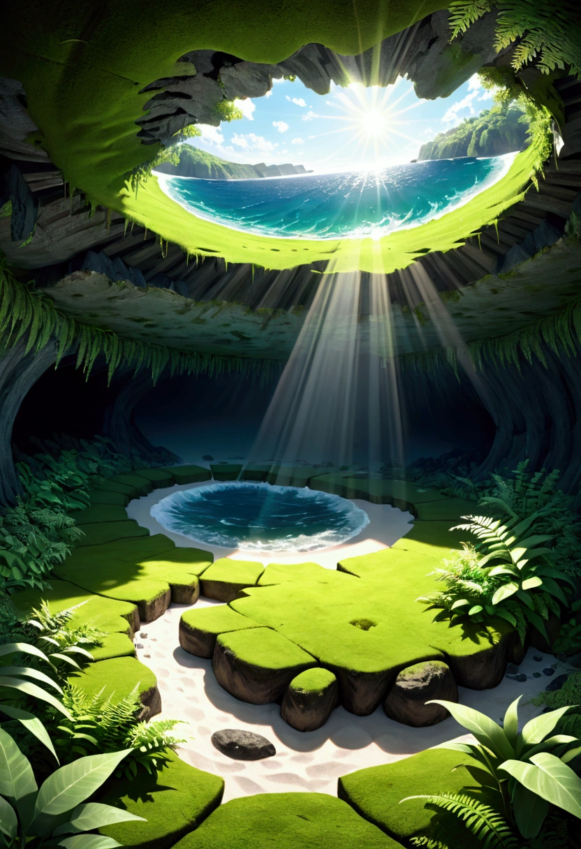 harsh light, heavy contrast, a cave with open ceiling casting sun beams on a green mosses and ferns,  and a open( view on ocean:1.1) at the bottom, cell shading render, 4k,  360 degree, equirectangular, qxj, 