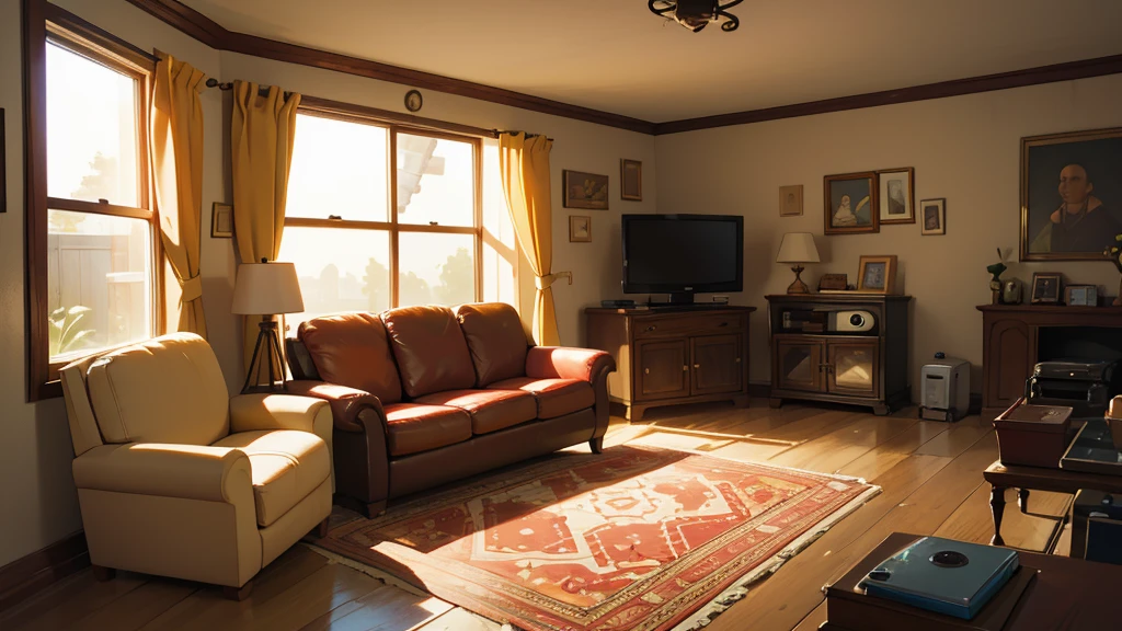 inside a warm and non-modern house with old tv and old sofas, all the stuffs are old but clean, it's day time and a god ray is coming inside the house through window.