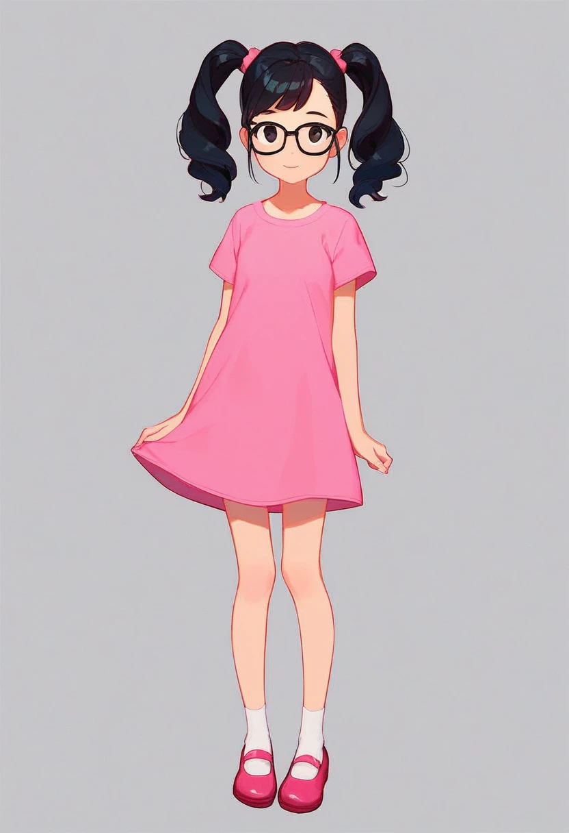 ashley, 1girl, solo, full body, black glasses, black hair, pigtails, pink shirt, short sleeves, white socks, pink mary janes, black eyes, simple background, standing