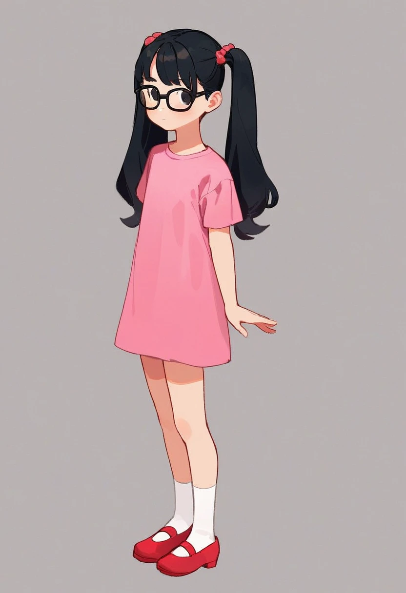 ashley, 1girl, solo, full body, black glasses, black hair, pigtails, pink shirt, short sleeves, white socks, pink mary janes, black eyes, simple background, standing