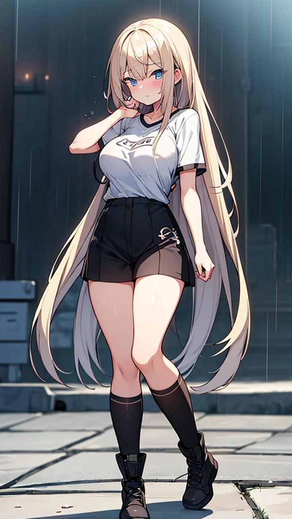 Full body image, front, One girl, 18-year-old, Mix 4, (32K, RAW Photos, Highest quality, masterpiece:1.2), (Anime-like, photoAnime-like:1.37), cute, Short sleeve T-shirt,Shorts,Black knee socks, night, rain, Humidity, Professional Lighting, Photon Mapping, Radio City, Physically Based Rendering, Super Resolution, (Big Breasts:1.2), {{The biological weapon that had preyed on the younger sister took her place and reunited with the older brother, The rebellious little sister has become the obedient little sister}}, Girl Skull, whole body, NSFW