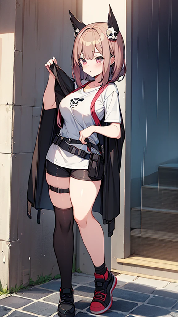 Full body image, front, One girl, 18-year-old, Mix 4, (32K, RAW Photos, Highest quality, masterpiece:1.2), (Anime-like, photoAnime-like:1.37), cute, Short sleeve T-shirt,Shorts,Black knee socks, night, rain, Humidity, Professional Lighting, Photon Mapping, Radio City, Physically Based Rendering, Super Resolution, (Big Breasts:1.2), {{The biological weapon that had preyed on the younger sister took her place and reunited with the older brother, The rebellious little sister has become the obedient little sister}}, Girl Skull, whole body, NSFW