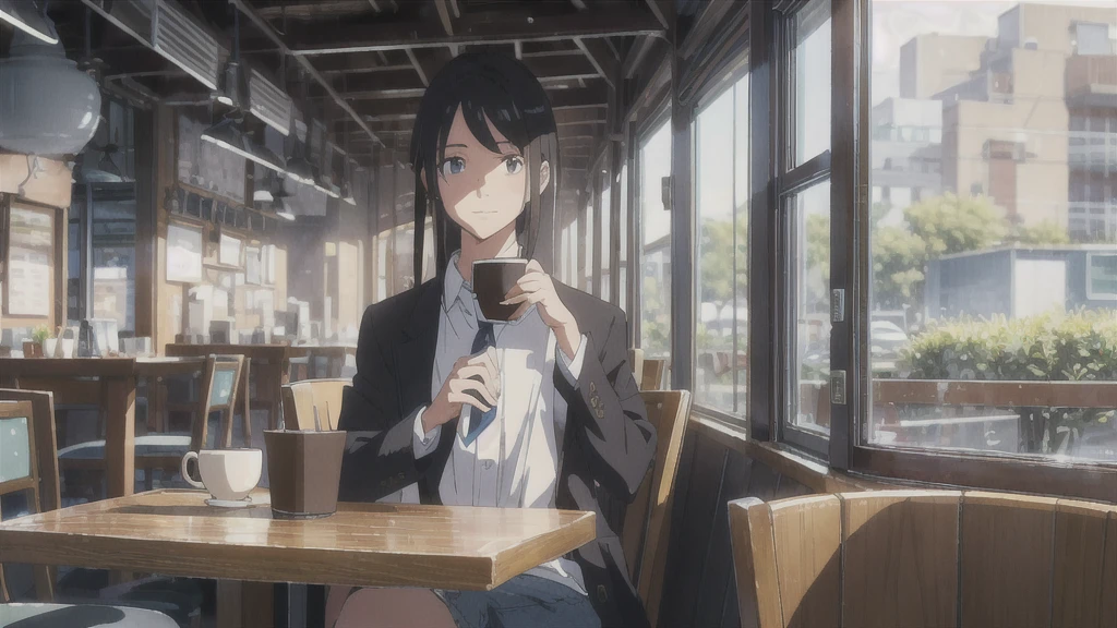 The Wind of Sincerity, anime, After the Rain, Moving visual effects, Natural glare. Wearing a dress shirt and tie,denim, A 20-year-old with a kind face drinking coffee alone at a cafe, Cute woman drinking coffee and listening to music happily,