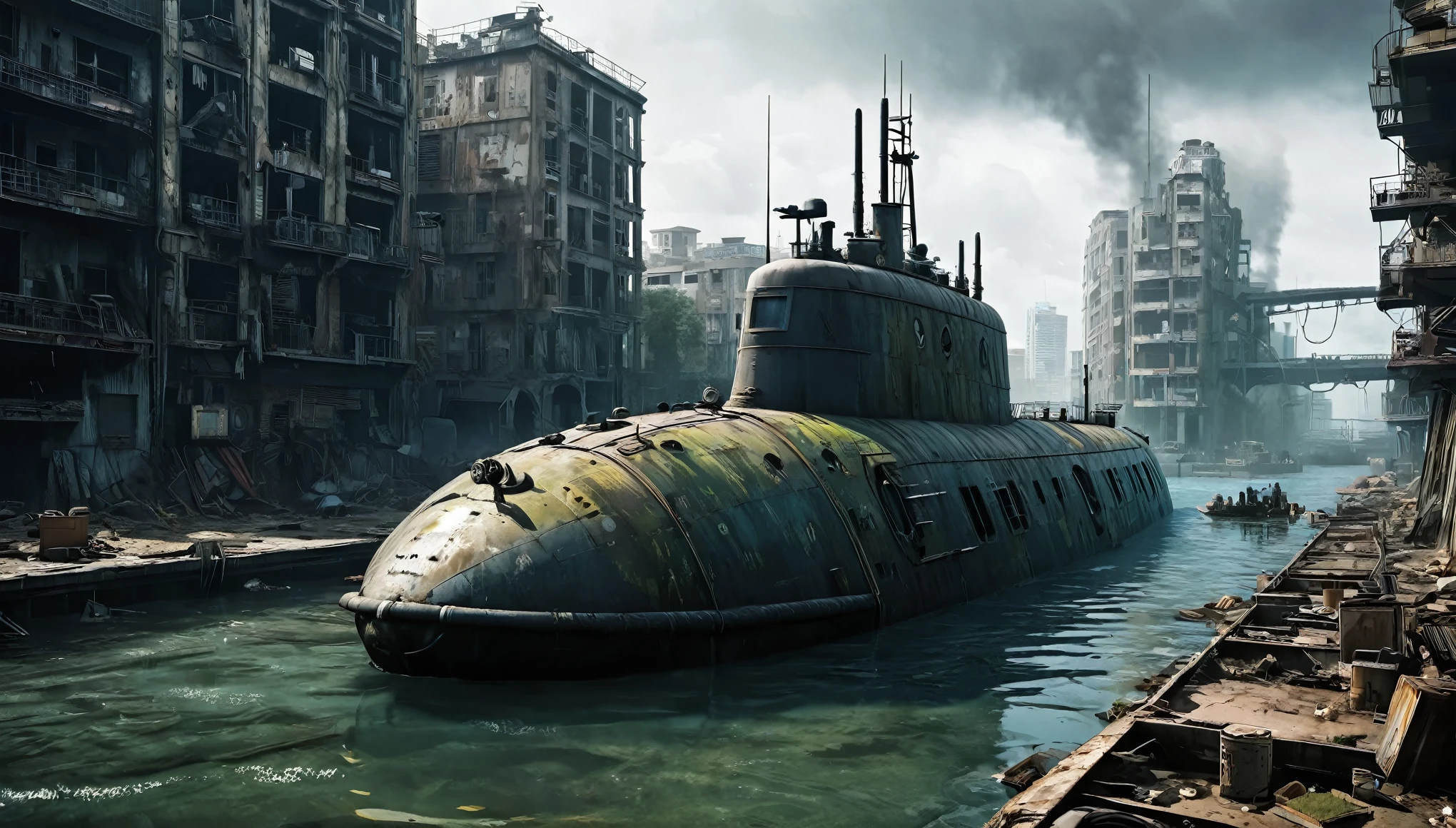 war submarine in post apocalyptic city