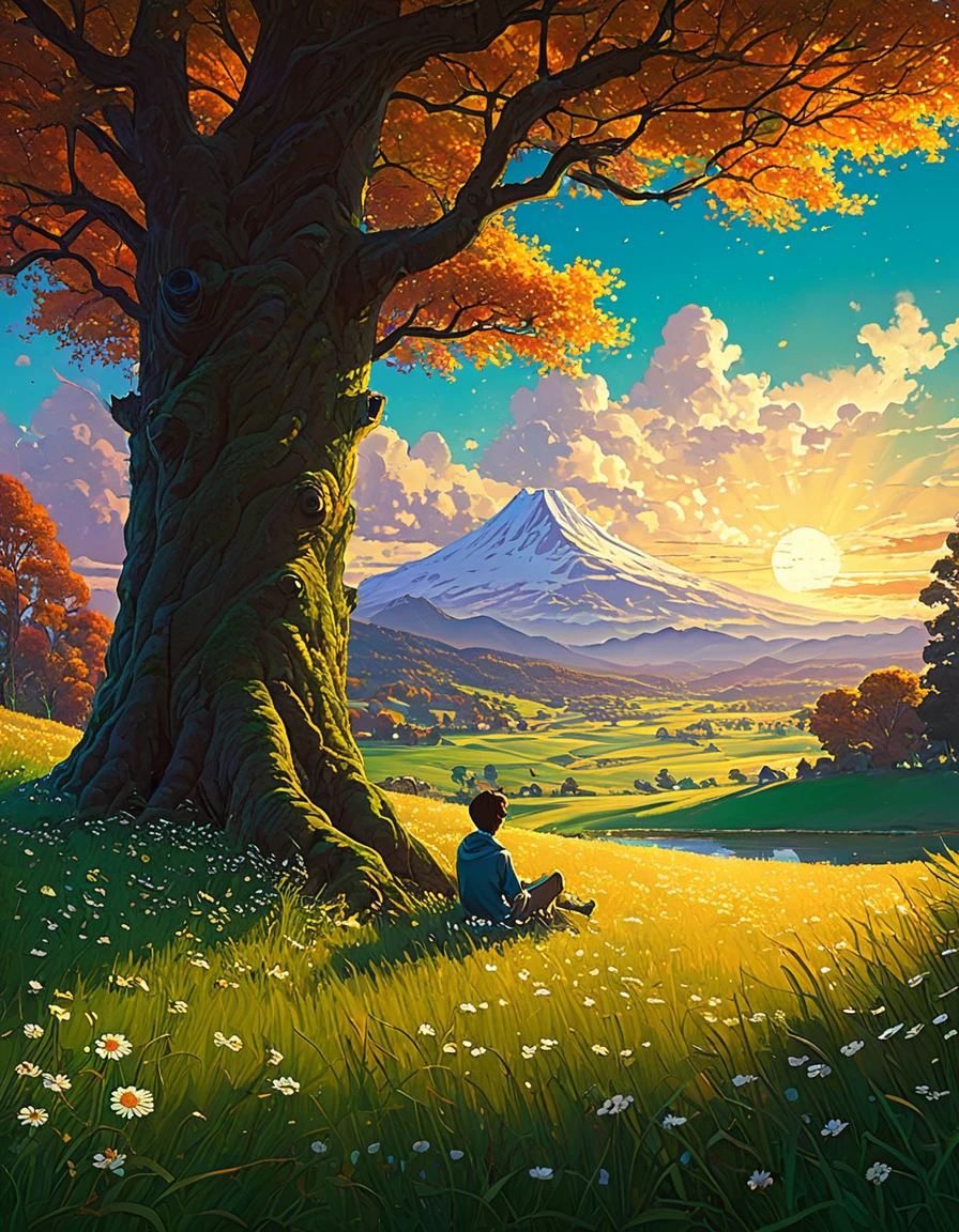 fondo de pantalla de arte anime 8 K, fondo animado art, Fondo De Pantalla De Paisaje De Anime, ANIME MASTERPIECE - Creates an image of a serene, sunlit rural scene in vibrant, detailed anime style. The scene is a boy sitting next to a tree in an autumn meadow, looking at a vast golden sky with white clouds, an incredible sunset, tall green grass, daisy flowers, ULTRA Style Kilian Eng and Thomas Kinkade, Rob Gonsalves and Tim White , Silvain Sarriel. Rhads and Thomas Kinkade, inspired by RHADS, cyril rolando and m.w kalut, cyril rolando and m. w kalut, rhads!!!, fondo animado, fondo animado art, hermosa escena de anime, sobre las nubes, Kilian Eng y Thomas Kinkade, Rob Gonsalves y Tim White., silvain sarriel, Rhads y Thomas Kinkade, inspirado en RHADS, cyril rolando and m.w kalut, cyril rolando and m. w kalut, rhads!!!