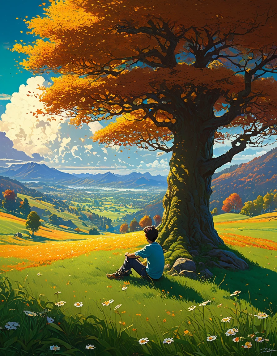 fondo de pantalla de arte anime 8 K, fondo animado art, Fondo De Pantalla De Paisaje De Anime, ANIME MASTERPIECE - Creates an image of a serene, sunlit rural scene in vibrant, detailed anime style. The scene is a boy sitting next to a tree in an autumn meadow, looking at a vast golden sky with white clouds, an incredible sunset, tall green grass, daisy flowers, ULTRA Style Kilian Eng and Thomas Kinkade, Rob Gonsalves and Tim White , Silvain Sarriel. Rhads and Thomas Kinkade, inspired by RHADS, cyril rolando and m.w kalut, cyril rolando and m. w kalut, rhads!!!, fondo animado, fondo animado art, hermosa escena de anime, sobre las nubes, Kilian Eng y Thomas Kinkade, Rob Gonsalves y Tim White., silvain sarriel, Rhads y Thomas Kinkade, inspirado en RHADS, cyril rolando and m.w kalut, cyril rolando and m. w kalut, rhads!!!