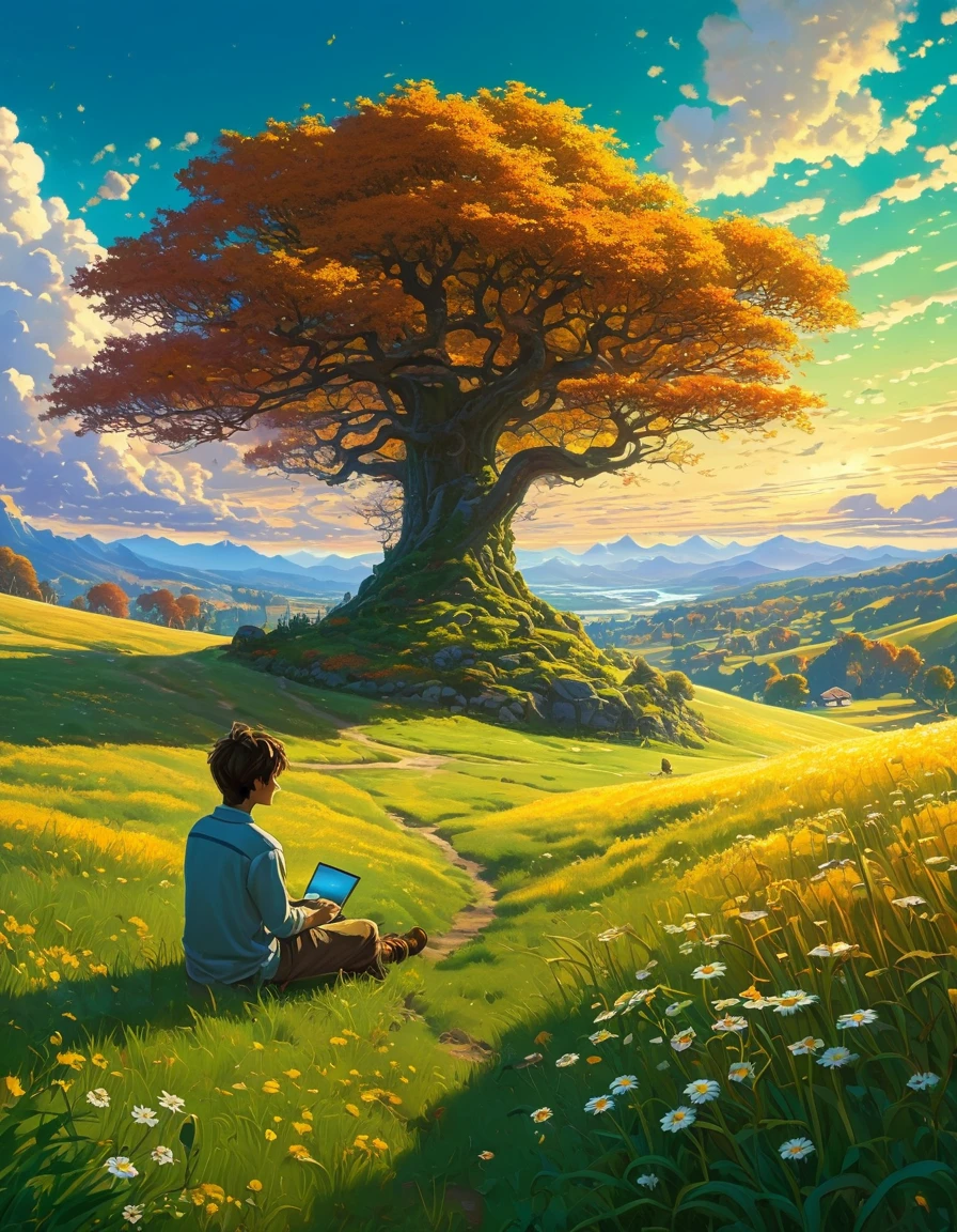 fondo de pantalla de arte anime 8 K, fondo animado art, Fondo De Pantalla De Paisaje De Anime, ANIME MASTERPIECE - Creates an image of a serene, sunlit rural scene in vibrant, detailed anime style. The scene is a boy sitting next to a tree in an autumn meadow, looking at a vast golden sky with white clouds, an incredible sunset, tall green grass, daisy flowers, ULTRA Style Kilian Eng and Thomas Kinkade, Rob Gonsalves and Tim White , Silvain Sarriel. Rhads and Thomas Kinkade, inspired by RHADS, cyril rolando and m.w kalut, cyril rolando and m. w kalut, rhads!!!, fondo animado, fondo animado art, hermosa escena de anime, sobre las nubes, Kilian Eng y Thomas Kinkade, Rob Gonsalves y Tim White., silvain sarriel, Rhads y Thomas Kinkade, inspirado en RHADS, cyril rolando and m.w kalut, cyril rolando and m. w kalut, rhads!!!