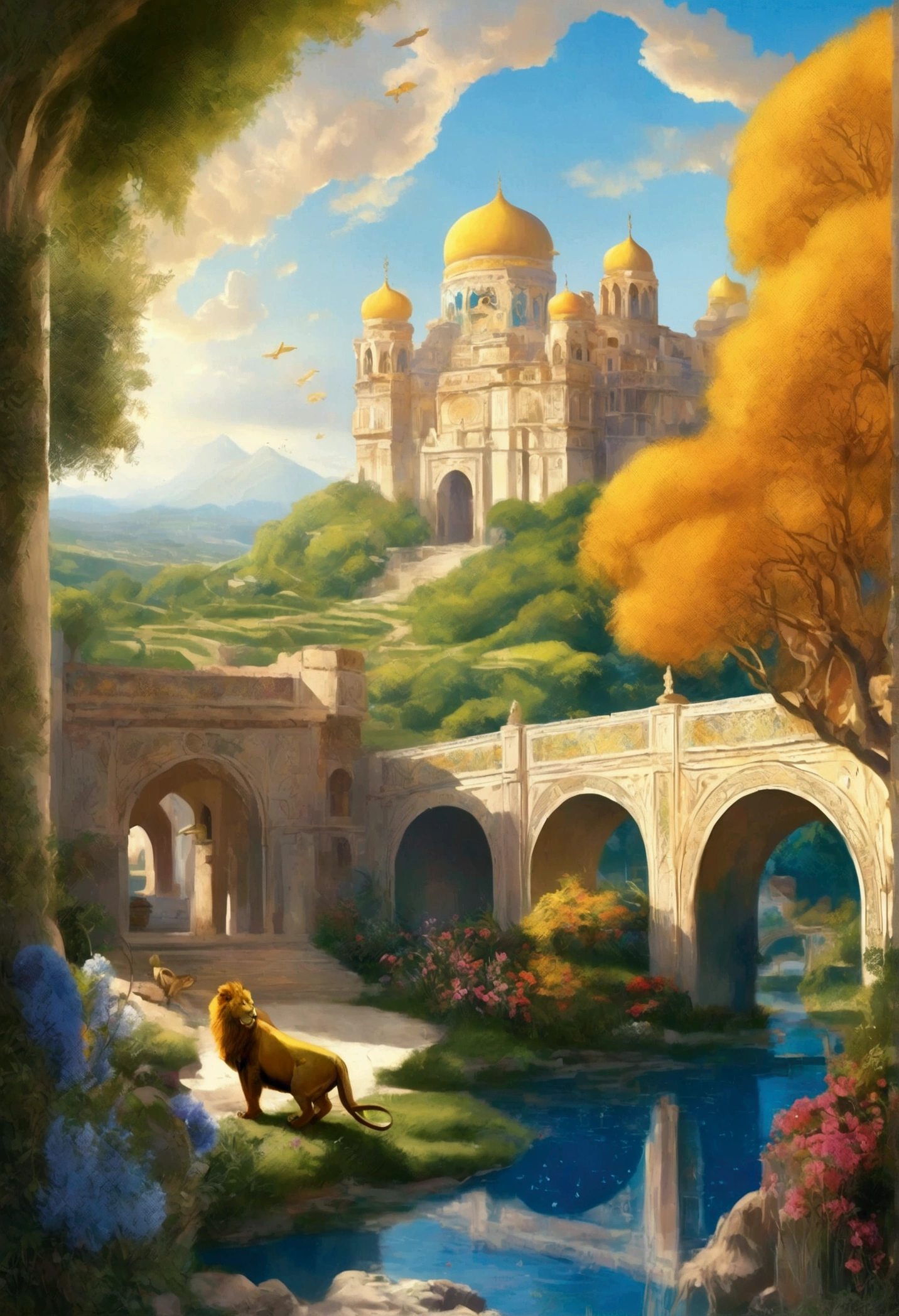 an enchanting scene under a clear blue sky, featuring a golden city with transparent gates and a shining star. In this magical city, depict a lush garden filled with diverse herbs and vibrant flowers. animals of unprecedented beauty: a yellow fire-maned lion, a blue ox full of eyes, and a majestic golden eagle with a bright and unforgettable gaze. The atmosphere should be serene and filled with a sense of wonder, reflecting the mystical and ethereal qualities of this beautiful setting.