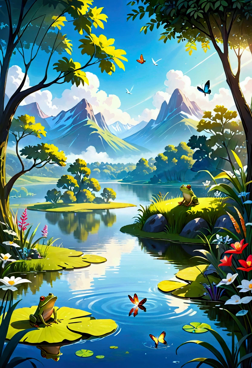 Draw a serene and peaceful lake, surrounded by lush and colorful plants. On one of the banks, a small frog is sitting, happy and satisfied. Around the lake, there are other friendly animals such as birds singing, butterflies dancing and dragonflies buzzing. Create a magical and enchanting scene that will transport children to a world of imagination and adventure!  