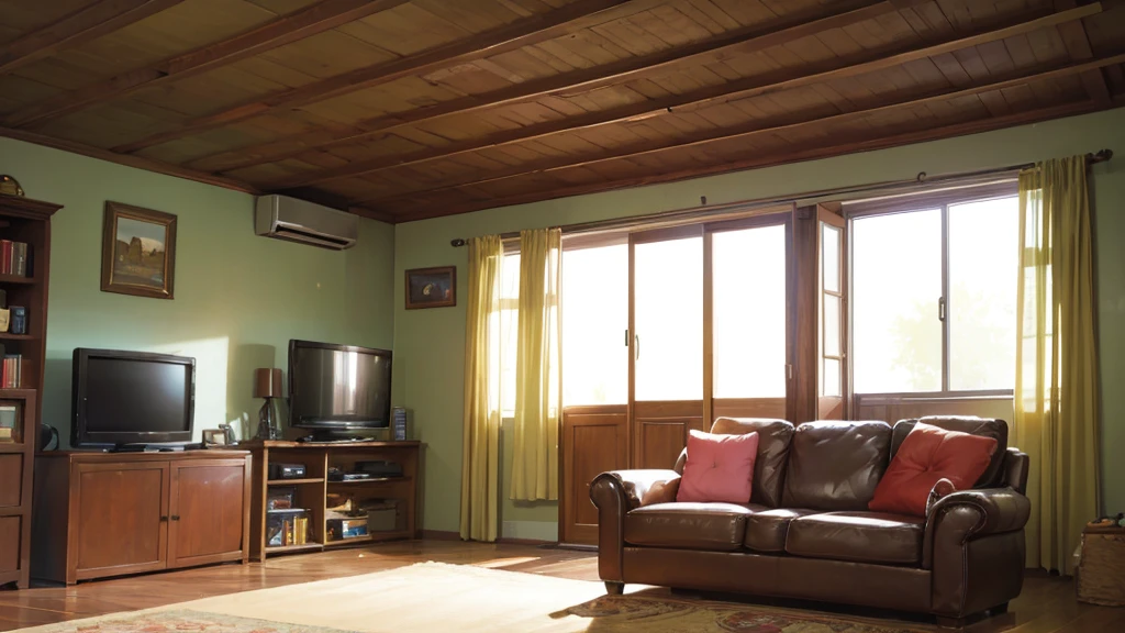 inside a warm and non-modern house with old tv and old sofas, all the stuffs are old but clean, it's day time and a god ray is coming inside the house through window.
