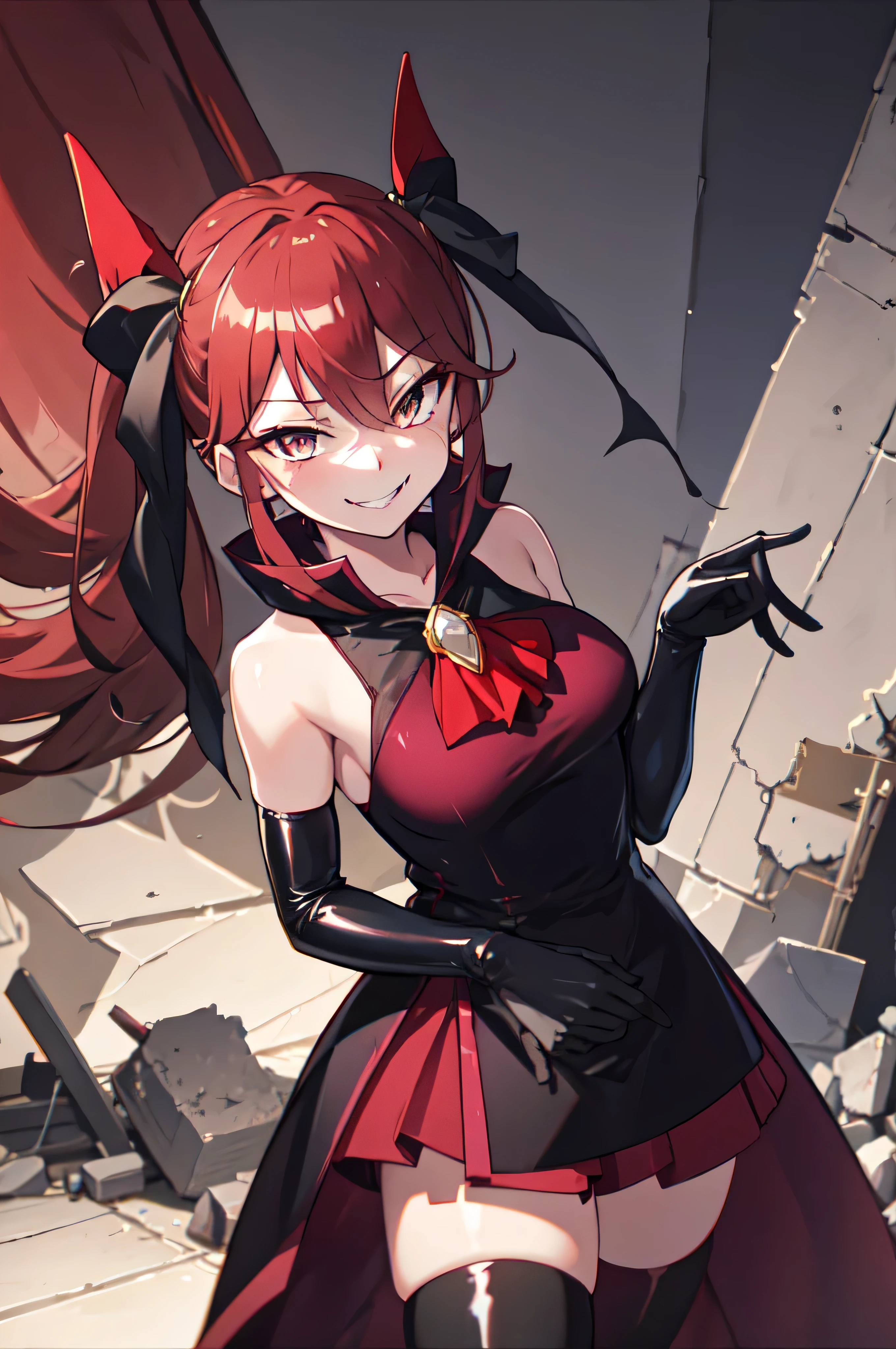 Highest quality, masterpiece, One Girl,Not beautiful, Red Ponytail, Long dress, brooch, Hair Ribbon, - Elbow hand pockets, Black knee socks, Standing on the rubble, (Wicked Smile:1.1), ,,Dark shadowed face,Sadistic smile,Malice,Contempt,smile,latex,Bad face,,Red Skirt,two hands,two legs,five fingers,evil background,elbow gloves,latex, Wicked Smile, devilish aura (Shiny fabric:1.5),Evil Darkness