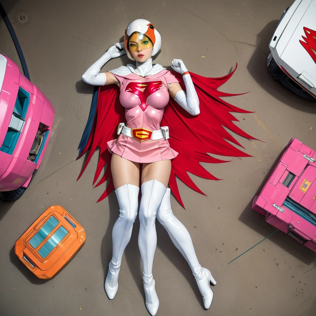ANI_CLASSIC_jun_gatchaman_ownwaifu,1girl, 15 years old, good anatomy, masterpiece, best quality, realistic, hyperrealistic, 16k hdr, breasts, green eyes, lips, large breasts, lipstick, makeup, gloves, cape, helmet, belt, elbow gloves, white gloves, mask, ultra miniskirt, leotard, spacesuit, white tight overknee highheels boots, pink dress, superhero,bodysuit,(lying flat poses, view from above)