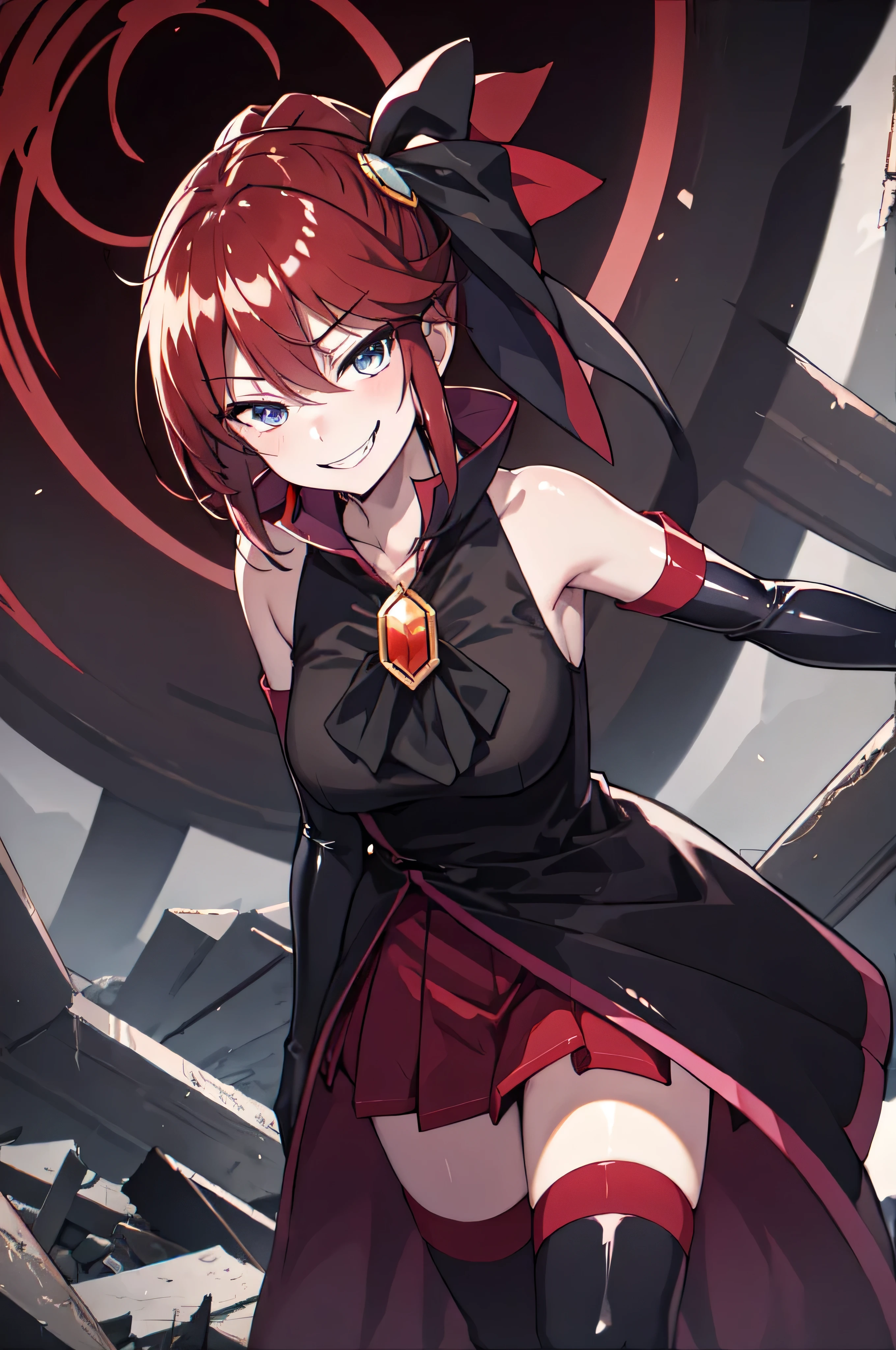 Highest quality, masterpiece, One Girl,Not beautiful, Red Ponytail, Long dress, brooch, Hair Ribbon, - Elbow hand pockets, Black knee socks, Standing on the rubble, (Wicked Smile:1.1), ,,Dark shadowed face,Sadistic smile,Malice,Contempt,smile,latex,Bad face,,Red Skirt,two hands,two legs,five fingers,evil background,elbow gloves,latex, Wicked Smile, devilish aura (Shiny fabric:1.5),Evil Darkness