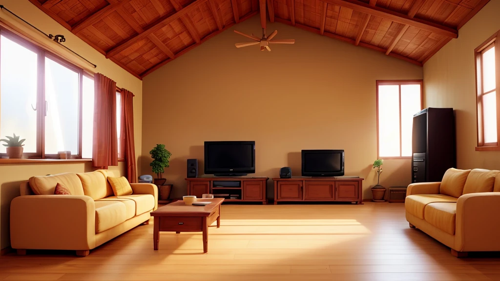 inside a warm and non-modern house with old tv and old sofas, all the stuffs are old but clean, it's day time and a god ray is coming inside the house through window.