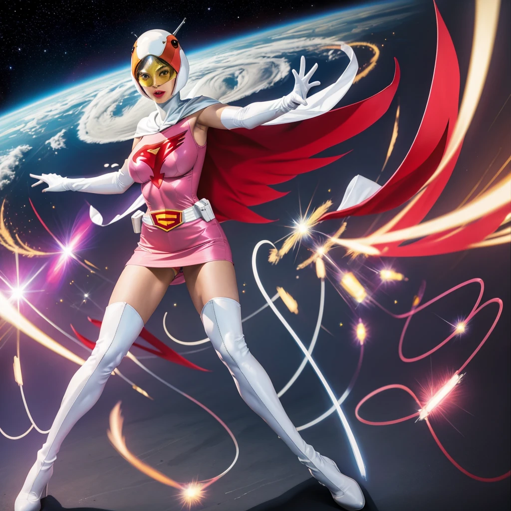 ANI_CLASSIC_jun_gatchaman_ownwaifu,1girl, yo,good anatomy, masterpiece, best quality,realistic, hyper realistic, 16k hdr, long hair,breasts,lips,large breasts,lipstick,makeup,gloves,cape,helmet,belt,elbow gloves,white gloves,mask,ultra miniskirt,leotard,spacesuit,white tight overknee highheels boots,pink dress,superhero,bodysuit,cleavage,erected nipples,(fighting poses)