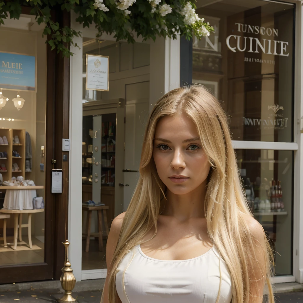 ((best quality)), ((masterpiece)), (detailed), walking in Royal Tunbridge Wells, Kent , England, 1woman, very long blonde hair,  summer time, shopping 