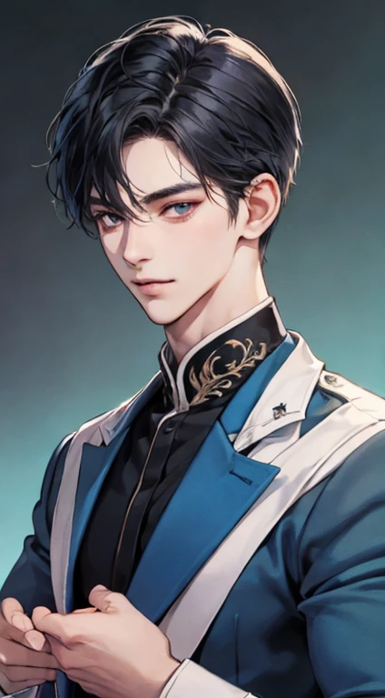 (Hoang Lap,high resolution,Hyperdetail,NffSW),tmasterpiece,Best Quality,1,handsome,Short detailed hair,Fine eyes and detailed face,Blue and light blue suit,dimples,Simple black and white background,Self shot,black dyed hair,normal skin