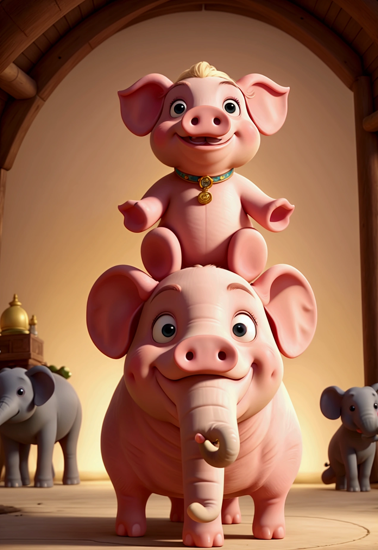 pig riding an elephant