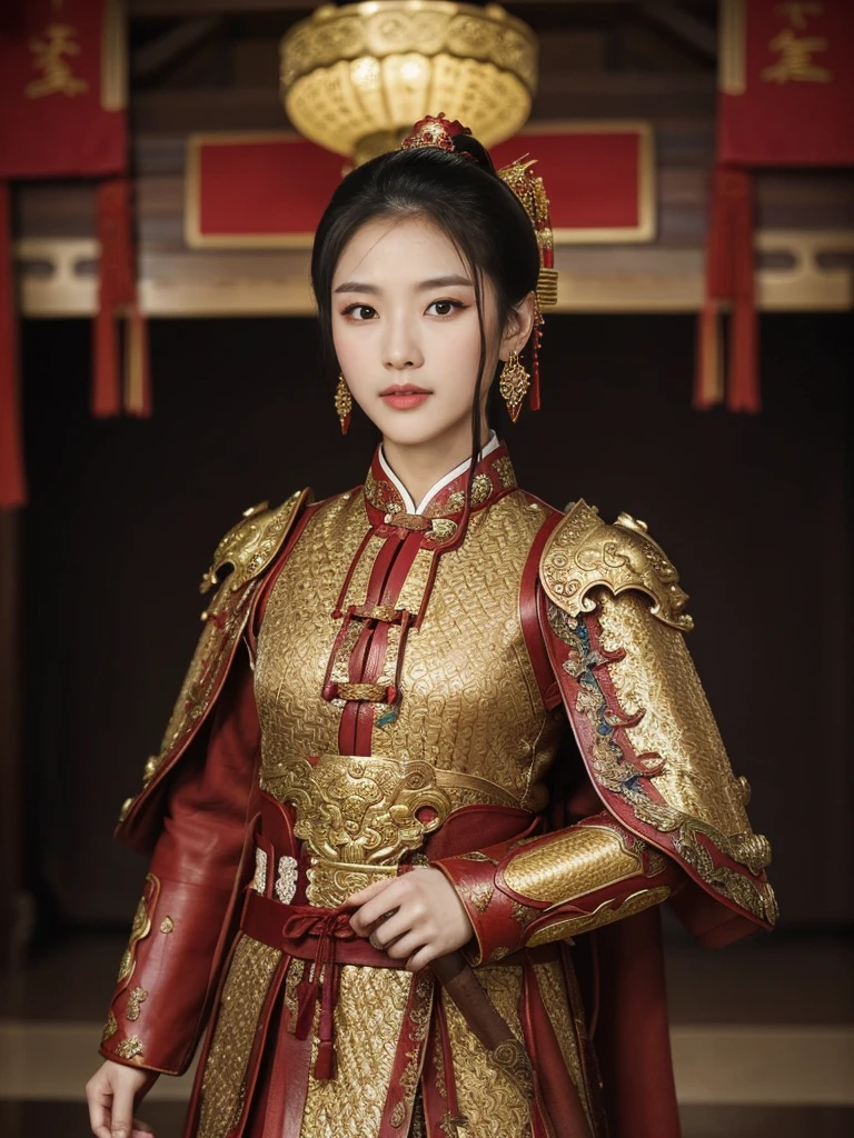 Close up , focus face, ancient Chinese girl, 2 century, looking at viewer, beautiful Chinese Young General, girl is 26 years old, (Highly detailed face, Black hair, middle hair ,Brown eye, Variegated eyes, Ordinary eyes, Tapered eyebrows, Fuller lips, little Lips, Silas), (ears decoration earring), (middle breasts, middle hip), (ancient Chinese costume, Red decoration leather armor emboss armor of dragon , leather inner clothes, put shoulder Red Cloak ), (holding a ancient Chinese Broad sword), standing in Chinese Palace, near Garden, sunset ,(masterpiece, Highest quality, masterpiece, God-like quality, Godly art, , Very realistic)