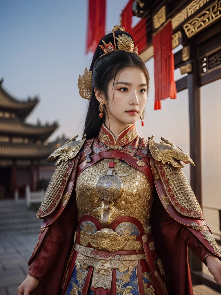 Close up , focus face, ancient Chinese girl, 2 century, looking at viewer, beautiful Chinese Young General, girl is 26 years old, (Highly detailed face, Black hair, middle hair ,Brown eye, Variegated eyes, Ordinary eyes, Tapered eyebrows, Fuller lips, little Lips, Silas), (ears decoration earring), (middle breasts, middle hip), (ancient Chinese costume, Red decoration leather armor emboss armor of dragon , leather inner clothes, put shoulder Red Cloak ), (holding a ancient Chinese Broad sword), standing in Chinese Palace, near Garden, sunset ,(masterpiece, Highest quality, masterpiece, God-like quality, Godly art, , Very realistic)