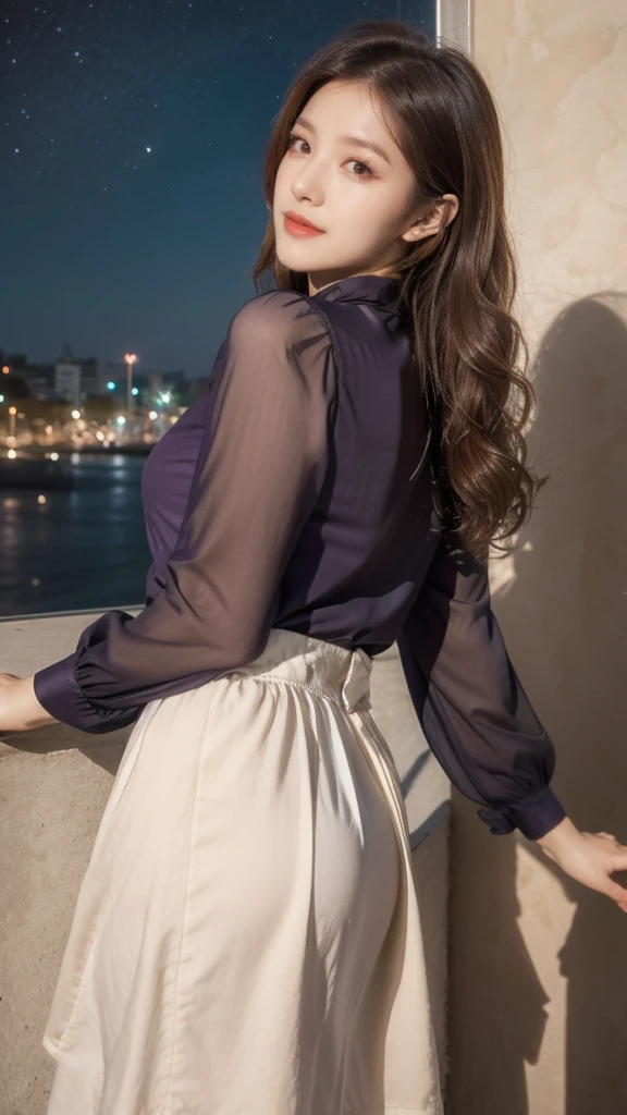 detailed background, masterpiece, best quality, 1 person , curly hair, long hair, purple eyes, star in eye ,red Strapless blouse, long skirt