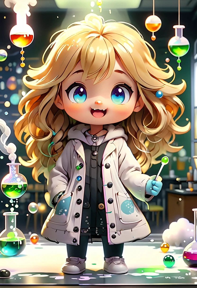 Baby Chibi MASCOT, atoms, Molecules , disgustingly fun, character features , Blind box style and model with popular market style, The sunlight shines, , hyper qualit, sharp features, Resolução ultra HD e 8K,Cool Hand Drawn Illustration，fly away (Inside Out Disgusting), Create a series of best quality cute chibi dolls,ultra detali,realisitic,Science Laboratory,Chemical experiment,ultra HD, chemical equipment,scientists working,cups,UHD Bunsen burner ,Microscope,laboratory glassware,measuring cylinders,labcoats,NERD ROUND Glasses ,science books,Periodic table,scientific research,discoveries,new inventions,innovation,apprenticeship,education,Scientific culture wears coat with details of buttons and brooches , her coat is charming and cute with ultra chemical details ,Curiosidade,Technological advancements,swirly vibrant colors,soft lighting,modern laboratory,nerdy atmosphere,laboratory instruments,hypothesis testing,Scientific method,symbolic representation,Critical thinking,experiments ,precision,precision,details Intricate,impressive scientific setup,natural elements,exploration of the mysteries of science,unlocking the secrets of nature. Baby chibi is happy and excited, remember to use chemical laboratory glassware, The chalk board behind the cute chibi baby is written the structure of caffeine in white chalk 18K UHD