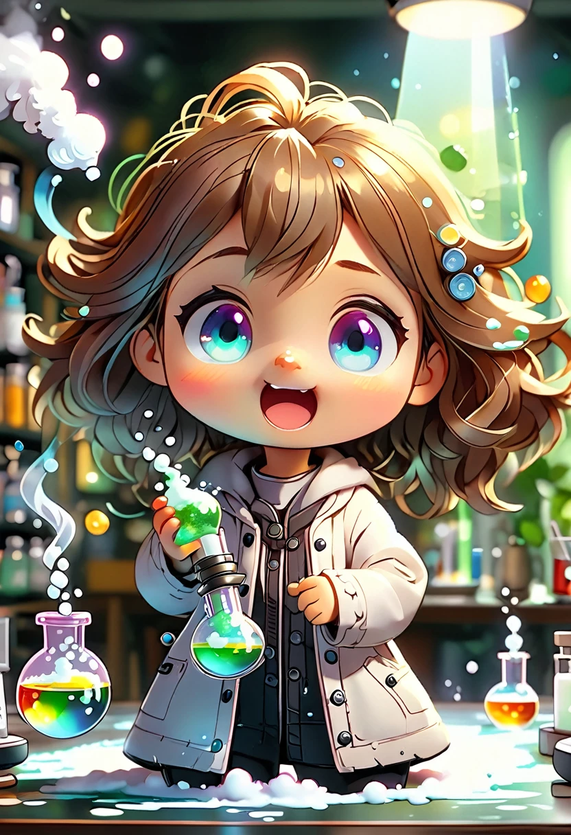 Baby Chibi MASCOT, atoms, Molecules , disgustingly fun, character features , Blind box style and model with popular market style, The sunlight shines, , hyper qualit, sharp features, Resolução ultra HD e 8K,Cool Hand Drawn Illustration,fly away (Inside Out Disgusting), Create a series of best quality cute chibi dolls,ultra detali,realisitic,Science Laboratory,Chemical experiment,ultra HD, chemical equipment,scientists working,cups,UHD Bunsen burner ,Microscope,laboratory glassware,measuring cylinders,labcoats,NERD ROUND Glasses ,science books,Periodic table,scientific research,discoveries,new inventions,innovation,apprenticeship,education,Scientific culture wears coat with details of buttons and brooches , her coat is charming and cute with ultra chemical details ,Curiosidade,Technological advancements,swirly vibrant colors,soft lighting,modern laboratory,nerdy atmosphere,laboratory instruments,hypothesis testing,Scientific method,symbolic representation,Critical thinking,experiments ,precision,precision,details Intricate,impressive scientific setup,natural elements,exploration of the mysteries of science,unlocking the secrets of nature. Baby chibi is happy and excited, remember to use chemical laboratory glassware, The chalk board behind the cute chibi baby is written the structure of caffeine in white chalk 18K UHD