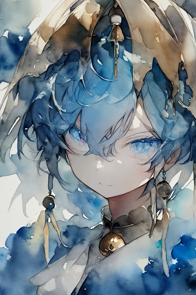 (watercolour: 1.2), person, s face, Eyes, Bells, Blue Bluebell Flowers, blue flowers, anger, hatred, Self-centeredness
