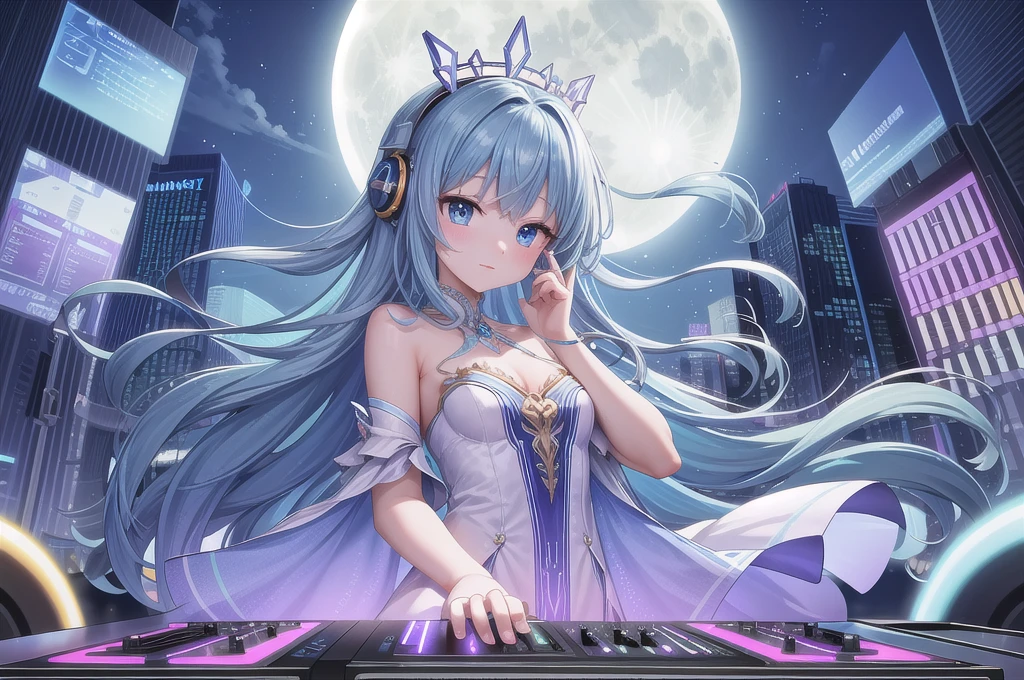 Beauty DJ,headphone,Distant shots,Godley,Blue Hair,Delicate fingers,Five Fingers,Delicate facial features,wearing gorgeous costume,Colorful light show,Perfect Moon,Outdoor festival venue,Perfect night view,Perfect buildings,The perfect DJ machine,From the audience's perspective,4K,masterpiece,high quality,