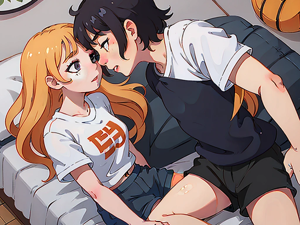 Young girl wearing white and orange striped t shirt and orange shorts and young boy wearing a navy blue t shirt and black shorts sitting on a bed together, kissing, making out, passionately, sexy, hot, lustful