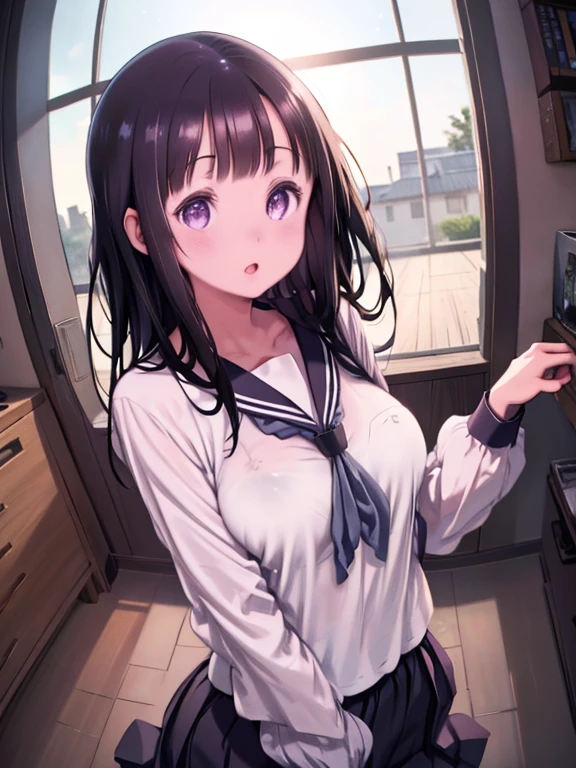 One Girl、Chitanda Eru、long hair、Black Hair、Purple Eyes、Big Breasts、Huge breasts、Sailor suit、Black sailor collar、White shirt、Black Stretched Skirt、Blue neckerchief、Long sleeve、Upper Body、Watching the audience、Open your mouth、Place your arms together in front of your chest、Holding hands、Library、library、Sparkling eyes、Stars in the eyes、Shining Eyes、Focus on the face、Attention to the eyes、Leaning forward、Fisheye Lens、Angle from the front、Front view、