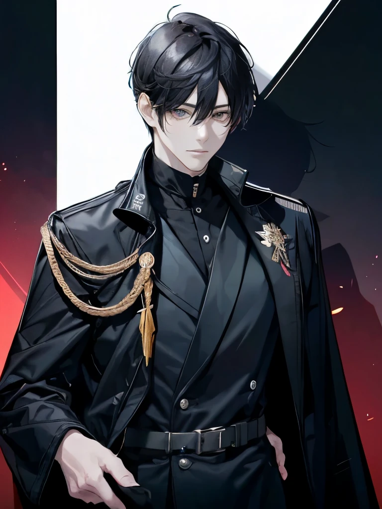 adult man, general, black hair, yellow eyes, shadow powers, ultra detailed, solo