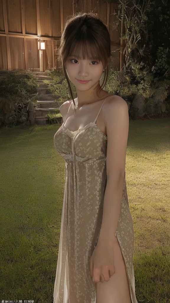 ((((masterpiece、Highest quality、High resolution、Tabletop、wallpaper、Realistic、Bright lighting、Professional Lighting、Face Light、Smooth lighting、Japanese women、Beautiful woman、action、gravure、sexly、so beautiful、Beautiful Skin、Beautiful and exquisite、Detailed face、slim、Looking into the camera))))、((Big Breasts:1.4))、((((japanese,20-years-old,One woman,outdoors,Looking into the camera,night dress:1.5)))),smile,close mouth,Five perfect, beautiful fingers on each side、細い指