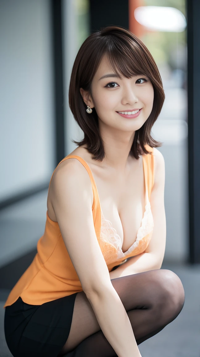 masutepiece, Best Quality, Photorealsitic, finely detail, hight resolution,beautiful japanese woman,beautiful detailed eyes, beautiful detailed lips, extremely detailed face, small head, small areola, cinematic lighting, photorealistic, 8k, high quality, hyper detailed, look at me,smile,(no sholder nit),(pencil skirt),(short hair:1.2),(random location),(medium breasts:1.2),(inoueseika),slender,beautifull legs,(cleavage:1.3),(sexy posing:1.2), (bokeh:1.3), (black over-the-knee socks:1.2),