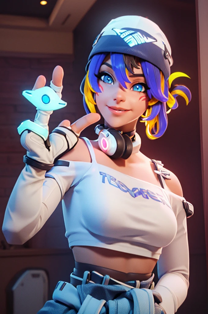 (((Glowing neon eyes))), ((masterpiece, best quality)), 1girl, solo, Kiriko LeSserafim, upper body, short hair, brown eyes, multicolored hair, blue hair, yellow highlights, bangs, pink headwear, hair between eyes, (white off-shoulder shirt:1.5), ((gloves:1.5)), pointing to her face, fingerless gloves, hoop earrings, (white shirt:1.5), headphones around neck, thighhigh, white gloves, lace-up boots, boots, gloves, jacket around waist, thighhighs, breasts, headphones, standing, jewelry, bracelet, midriff, white crop top, cross-laced footwear single kneehigh, smile, earrings, jewelry, hat, looking at viewer, makeup, facepaint, facial mark, detached sleeves, lips, indoors, japanese house, hands on her face, portrait,  