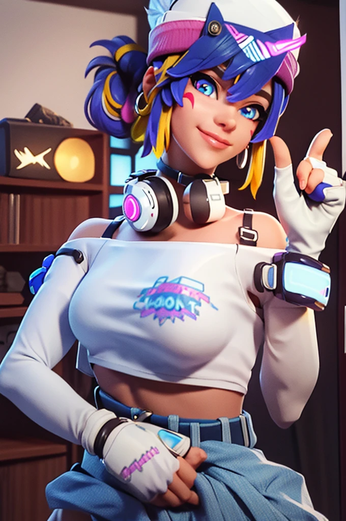 (((Glowing neon eyes))), ((masterpiece, best quality)), 1girl, solo, Kiriko LeSserafim, upper body, short hair, brown eyes, multicolored hair, blue hair, yellow highlights, bangs, pink headwear, hair between eyes, (white off-shoulder shirt:1.5), ((gloves:1.5)), pointing to her face, fingerless gloves, hoop earrings, (white shirt:1.5), headphones around neck, thighhigh, white gloves, lace-up boots, boots, gloves, jacket around waist, thighhighs, breasts, headphones, standing, jewelry, bracelet, midriff, white crop top, cross-laced footwear single kneehigh, smile, earrings, jewelry, hat, looking at viewer, makeup, facepaint, facial mark, detached sleeves, lips, indoors, japanese house, hands on her face, portrait,  