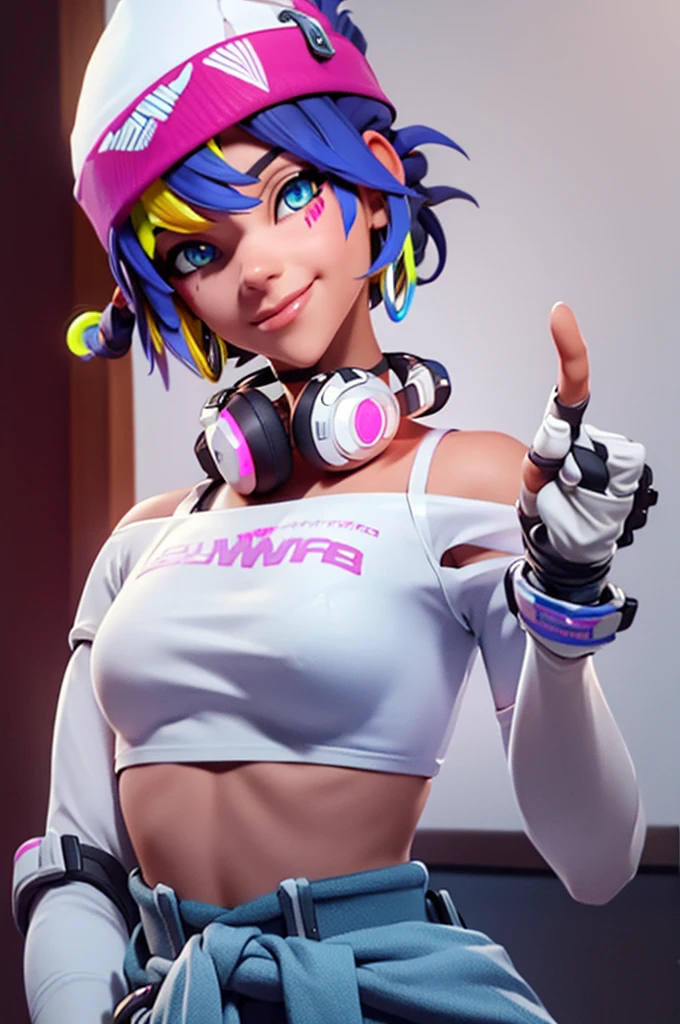 (((Glowing neon eyes))), ((masterpiece, best quality)), 1girl, solo, Kiriko LeSserafim, upper body, short hair, brown eyes, multicolored hair, blue hair, yellow highlights, bangs, pink headwear, hair between eyes, (white off-shoulder shirt:1.5), ((gloves:1.5)), pointing to her face, fingerless gloves, hoop earrings, (white shirt:1.5), headphones around neck, thighhigh, white gloves, lace-up boots, boots, gloves, jacket around waist, thighhighs, breasts, headphones, standing, jewelry, bracelet, midriff, white crop top, cross-laced footwear single kneehigh, smile, earrings, jewelry, hat, looking at viewer, makeup, facepaint, facial mark, detached sleeves, lips, indoors, japanese house, hands on her face, portrait,  