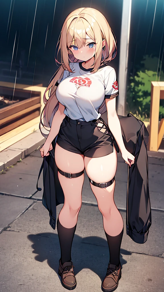 20 year old woman, busty, bubble butt, hourglass figure, skinny, blushing, embarassed, shocked expression, horny, seductive, long hair, platinum blonde hair, wavy hair, wearing cropped biker jacket, white tshirt, hotpants, underboob, tight fitting clothing, in park, anime, flat colors, dynamic pose, running, sprinting, heavy make up, kissable lips, red lipstick, covered breasts, covered nipples, ((open mouth)), ((drooling)), ((wet)), ecchi style, hentai, ecchi anime style, seductive,  punk style, punk hair, punk clothing, shuddering, vibrations