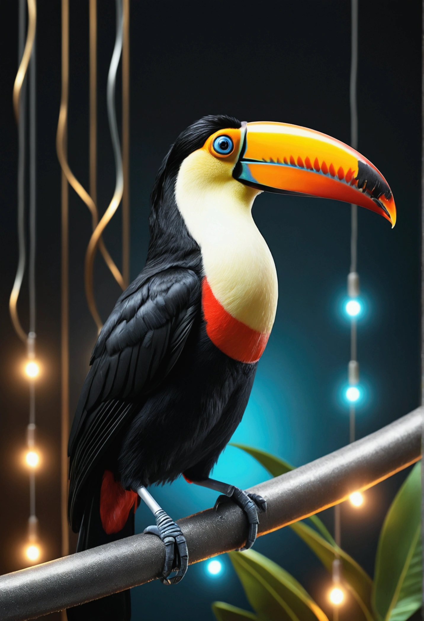 Hyper realistic toucan bird, futuristic lights background